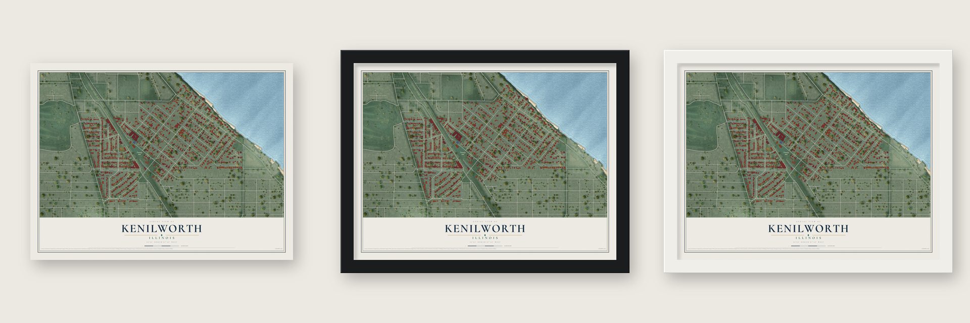 Kenilworth, Illinois map unframed, in a black wood frame and in a white wood frame