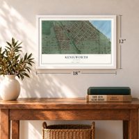 Kenilworth, Illinois map, 12 x 18 inch print in a white frame in an entryway