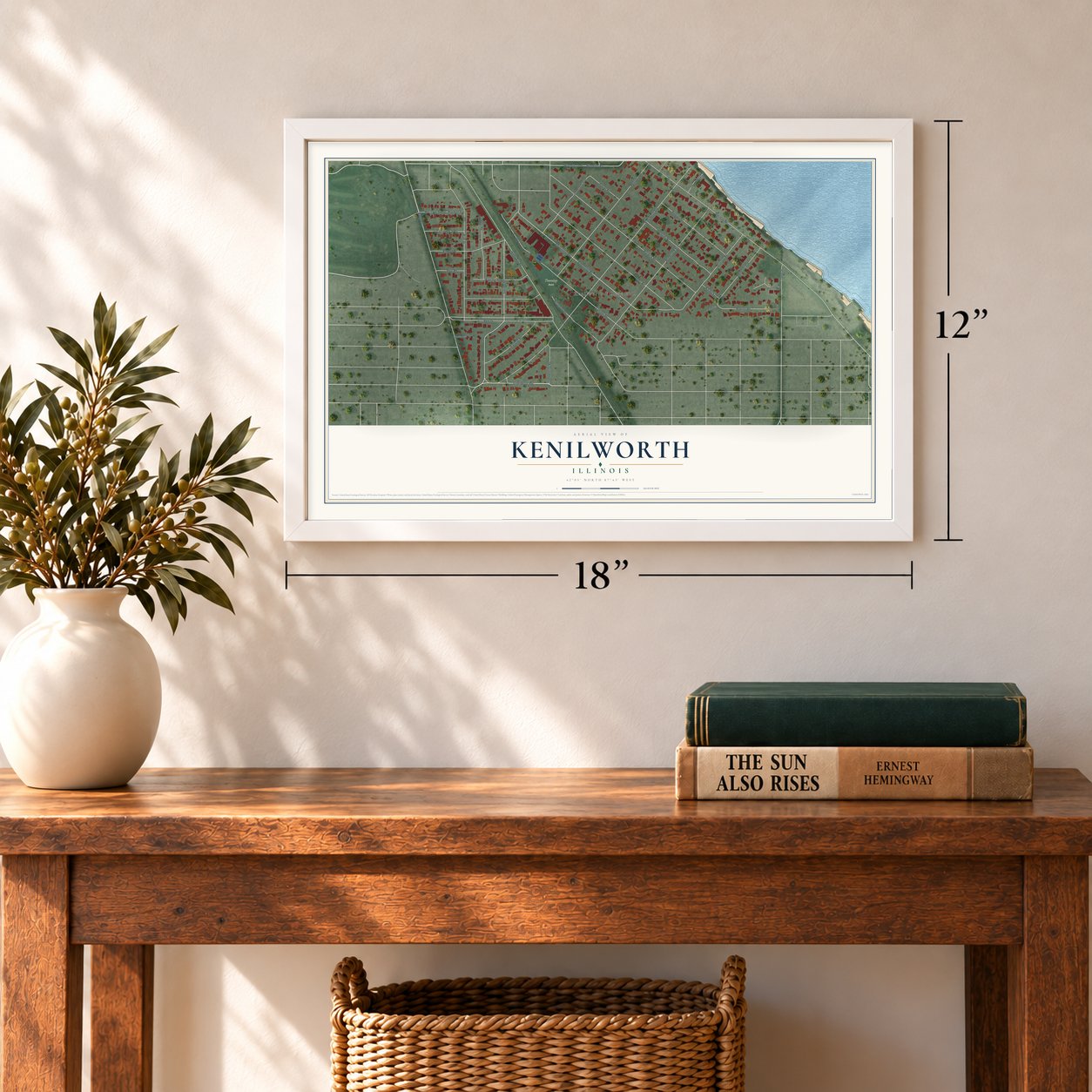 Kenilworth, Illinois map, 12 x 18 inch print in a white frame in an entryway