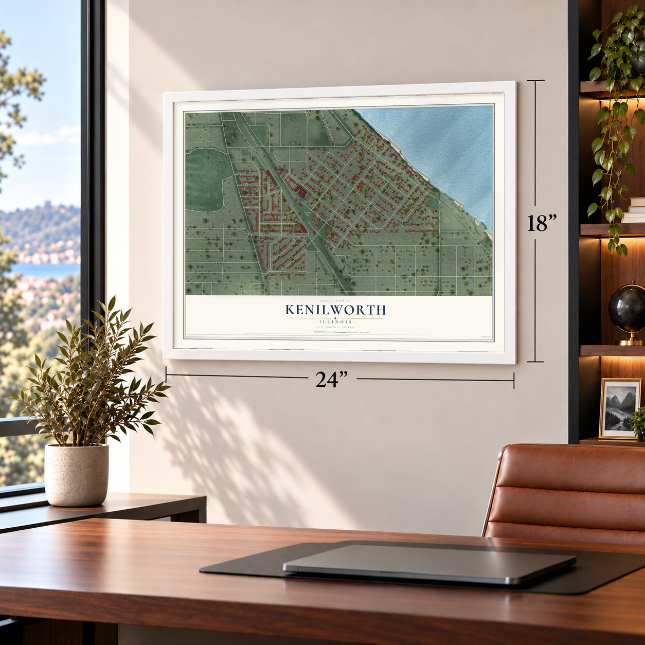 Kenilworth, Illinois map, 18 x 24 inch print in a white frame in a home office