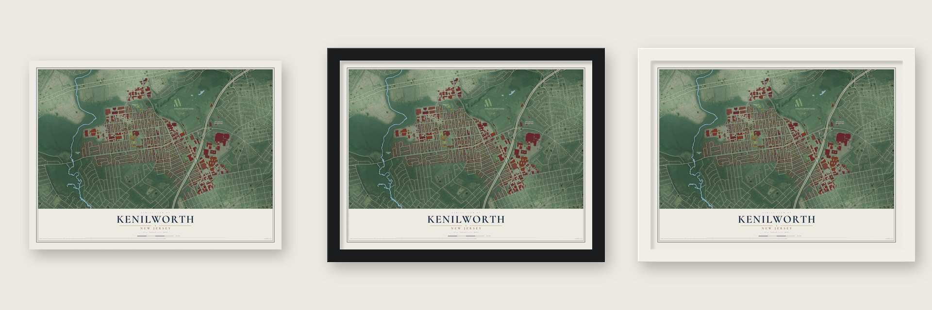 Kenilworth, New Jersey map unframed, in a black wood frame and in a white wood frame