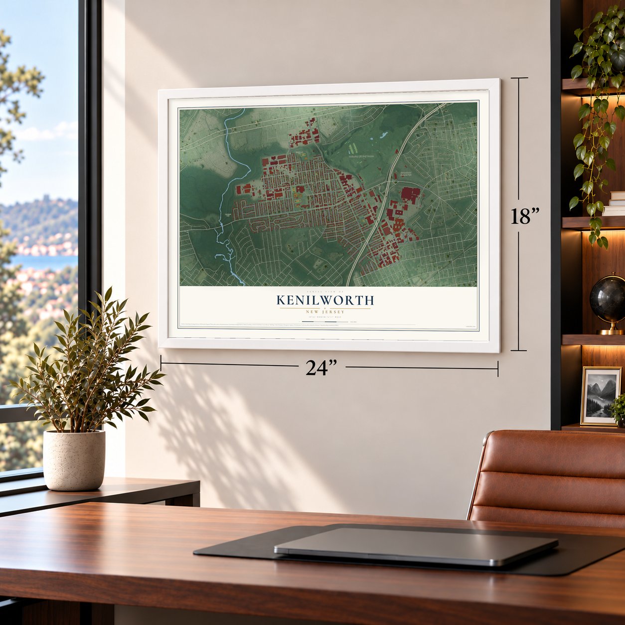 Kenilworth, New Jersey map, 18 x 24 inch print in a white frame in a home office