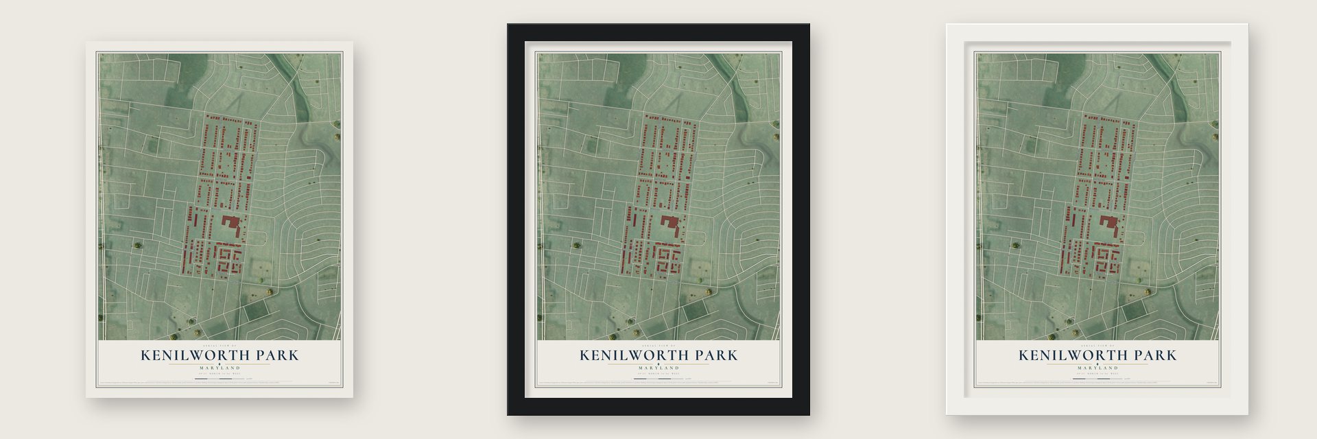 Kenilworth Park, Maryland map unframed, in a black wood frame and in a white wood frame