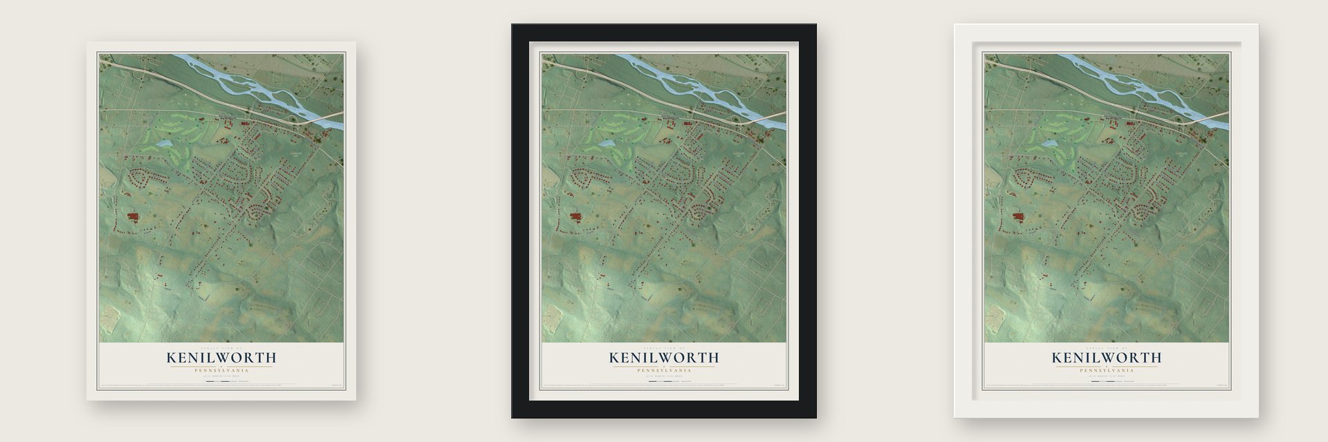 Kenilworth, Pennsylvania map unframed, in a black wood frame and in a white wood frame