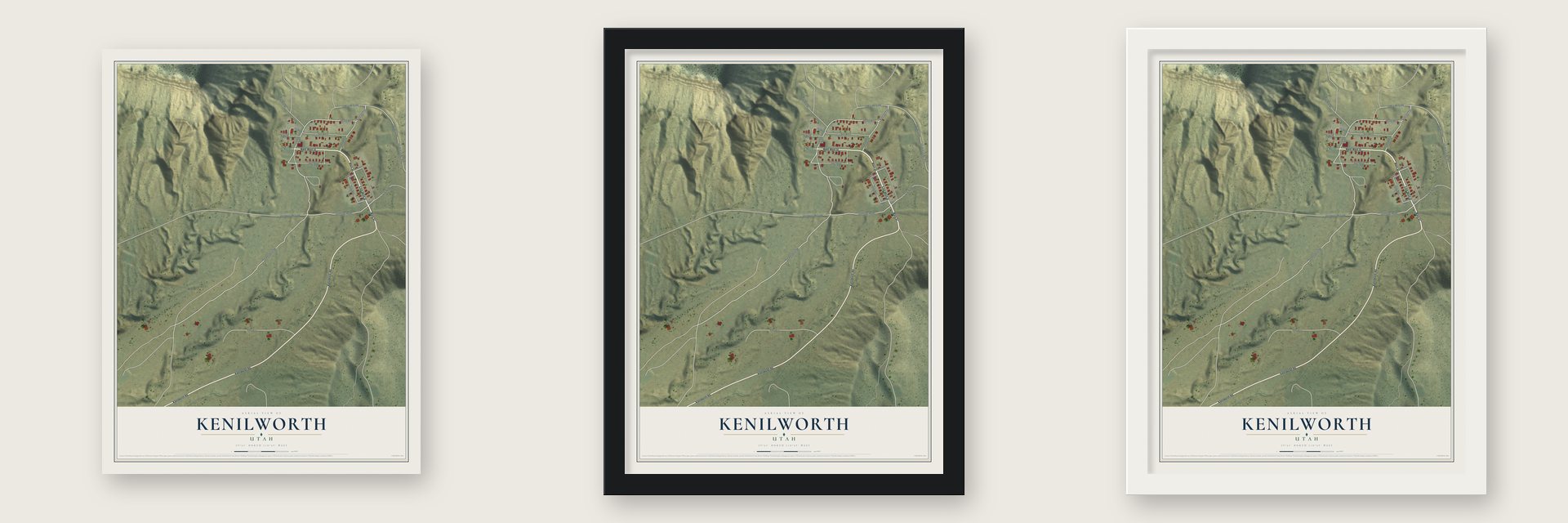 Kenilworth, Utah map unframed, in a black wood frame and in a white wood frame