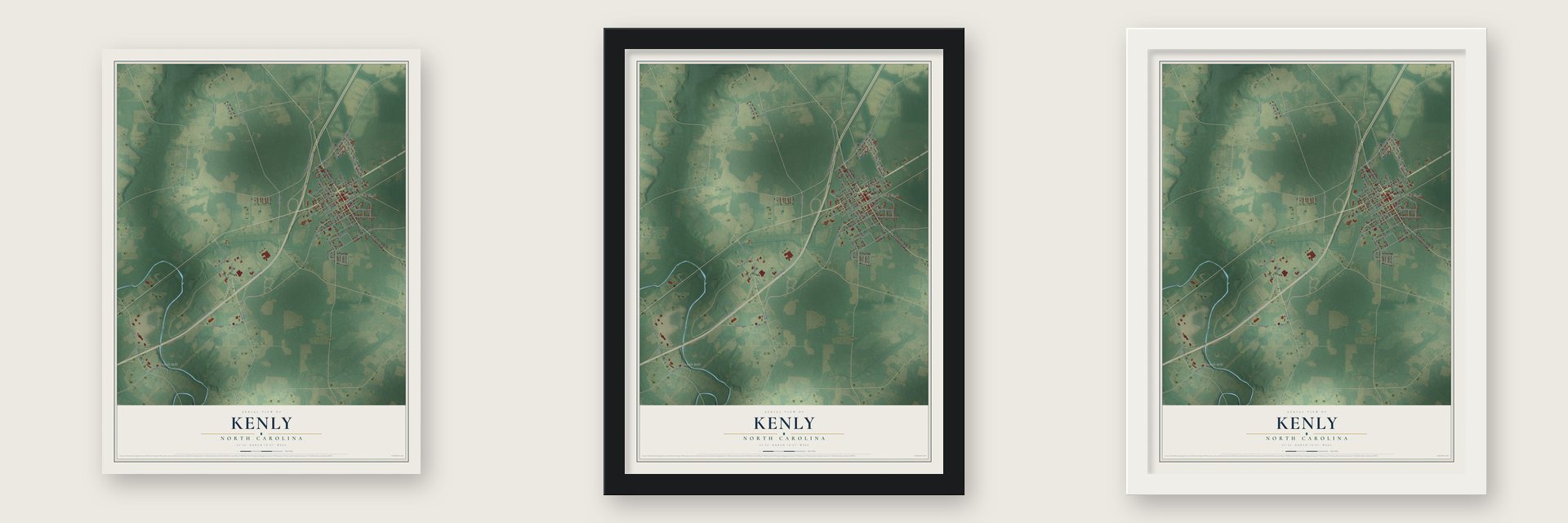 Kenly, North Carolina map unframed, in a black wood frame and in a white wood frame