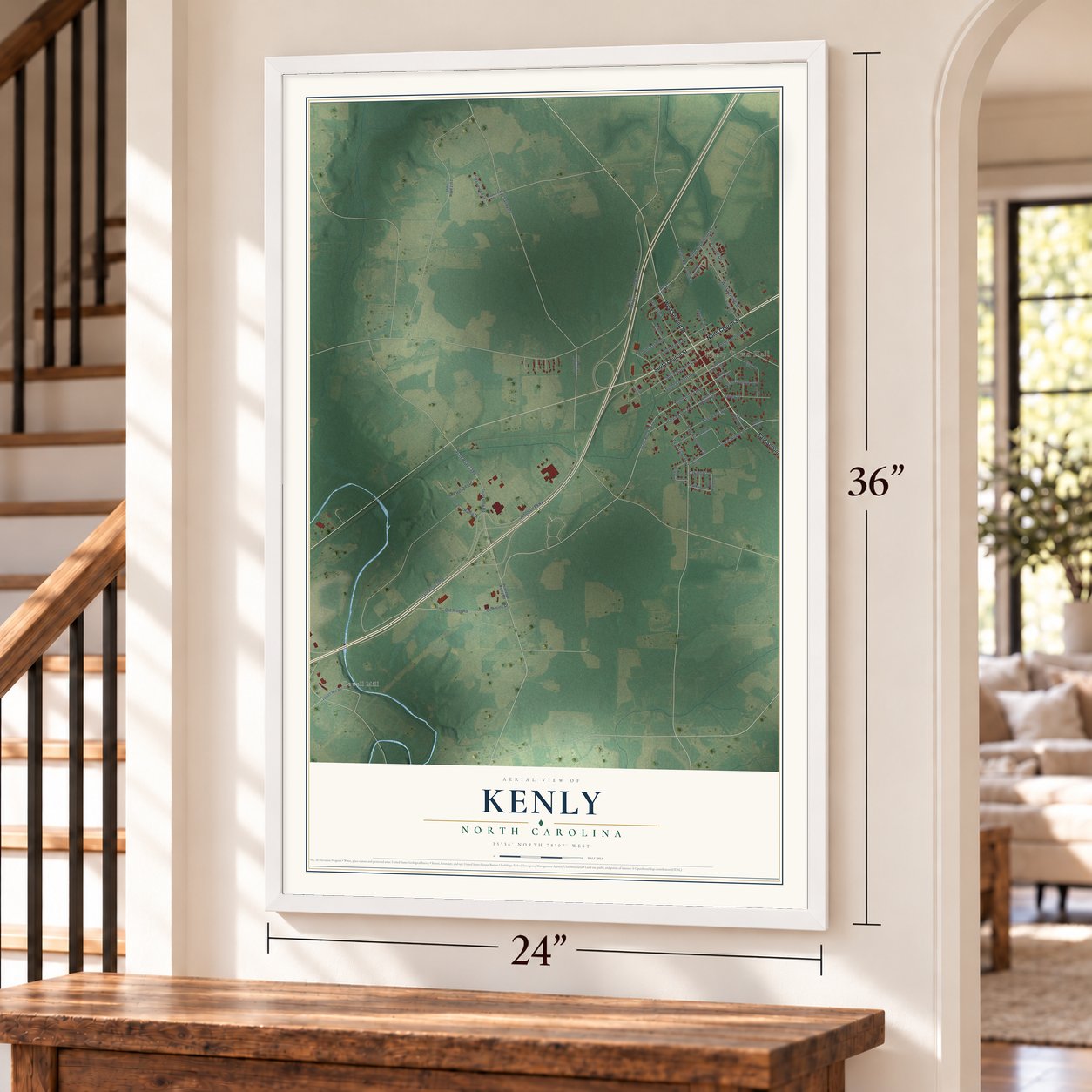 Kenly, North Carolina map, 24 x 36 inch print in a white frame by a staircase