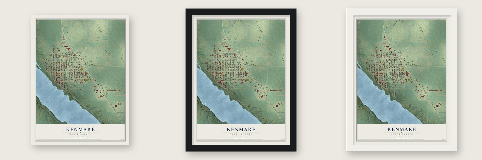 Kenmare, North Dakota map unframed, in a black wood frame and in a white wood frame