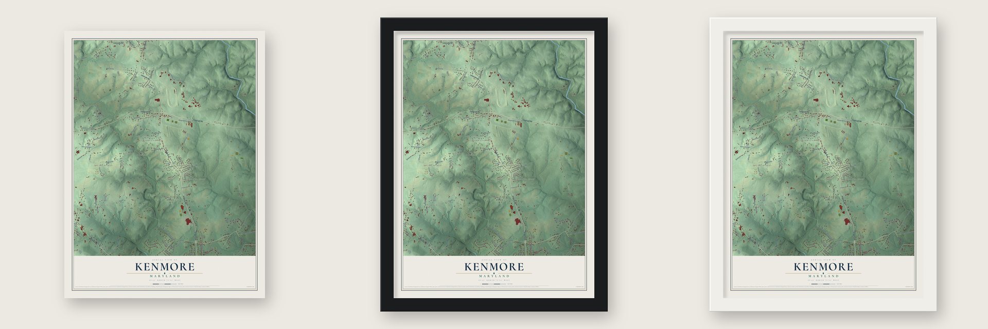 Kenmore, Maryland map unframed, in a black wood frame and in a white wood frame