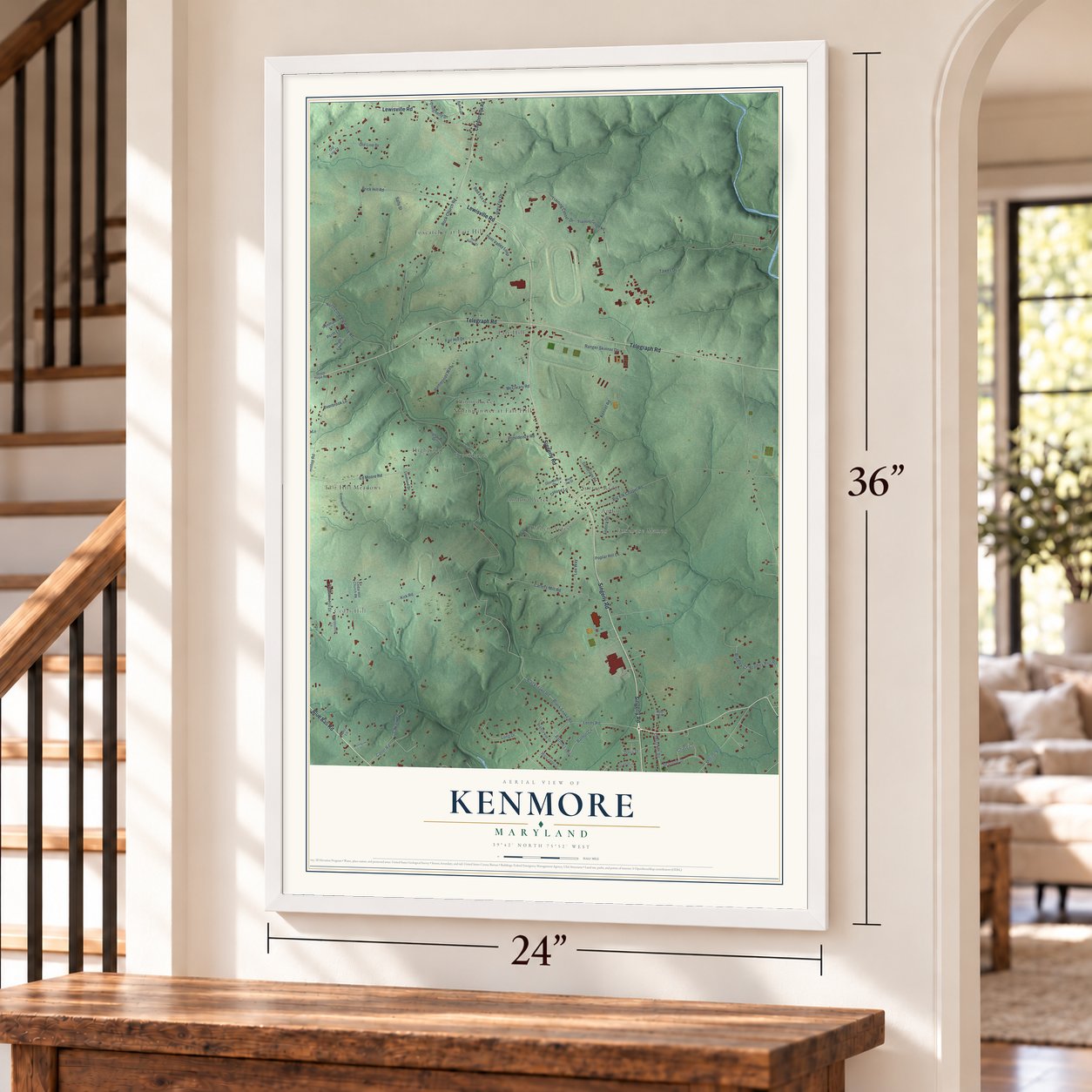 Kenmore, Maryland map, 24 x 36 inch print in a white frame by a staircase