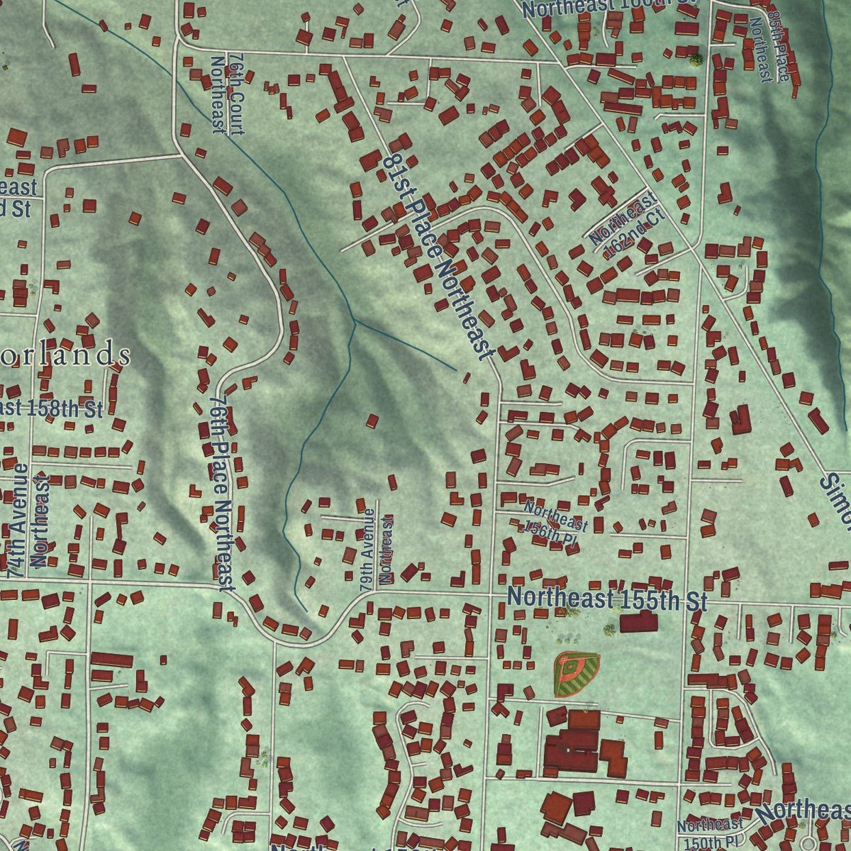 Second close-up of the map of Kenmore, Washington print showing more streets and buildings