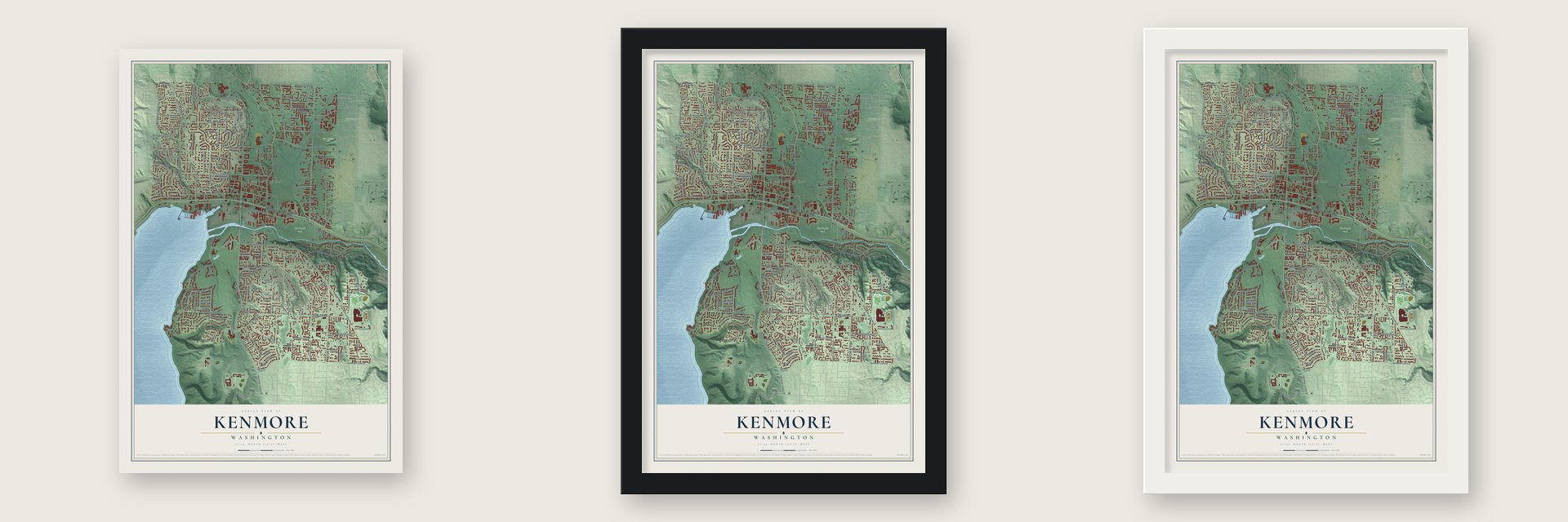 Kenmore, Washington map unframed, in a black wood frame and in a white wood frame