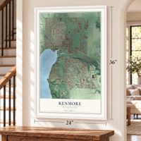 Kenmore, Washington map, 24 x 36 inch print in a white frame by a staircase