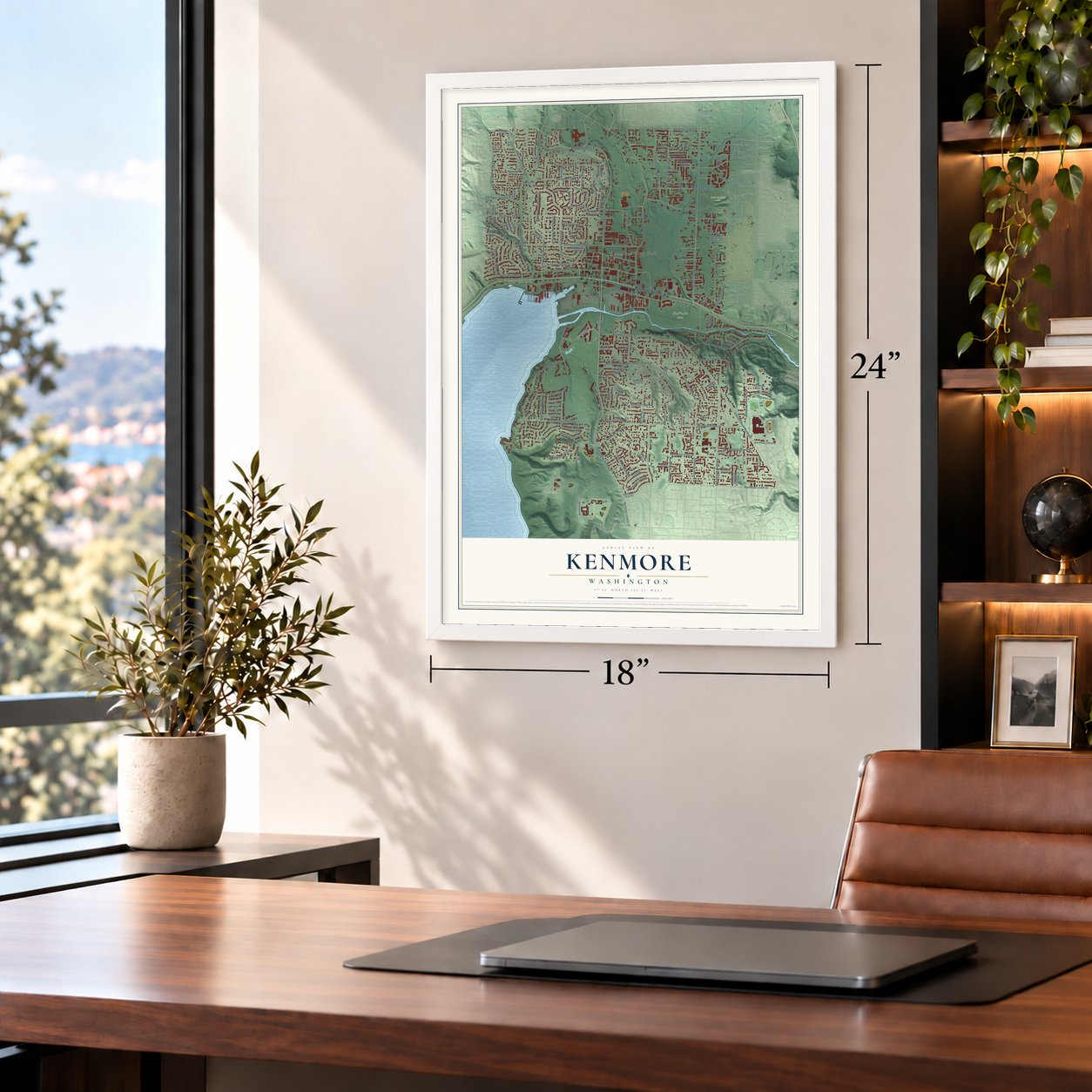 Kenmore, Washington map, 18 x 24 inch print in a white frame in a home office