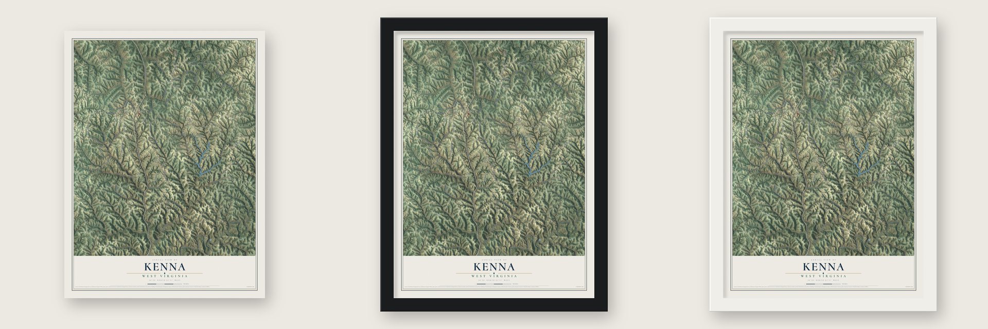 Kenna, West Virginia map unframed, in a black wood frame and in a white wood frame