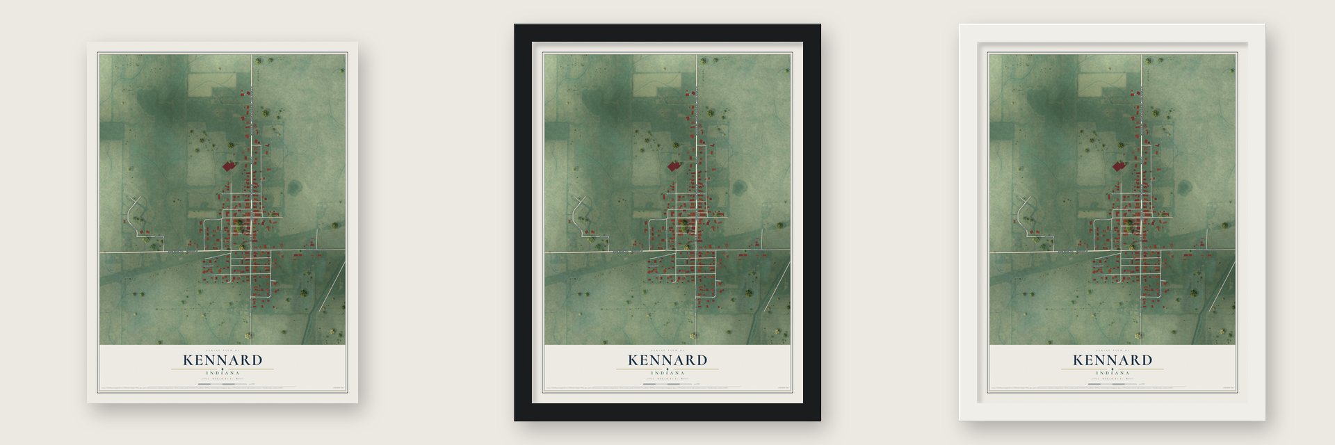 Kennard, Indiana map unframed, in a black wood frame and in a white wood frame