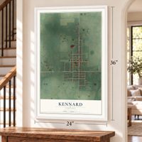 Kennard, Indiana map, 24 x 36 inch print in a white frame by a staircase