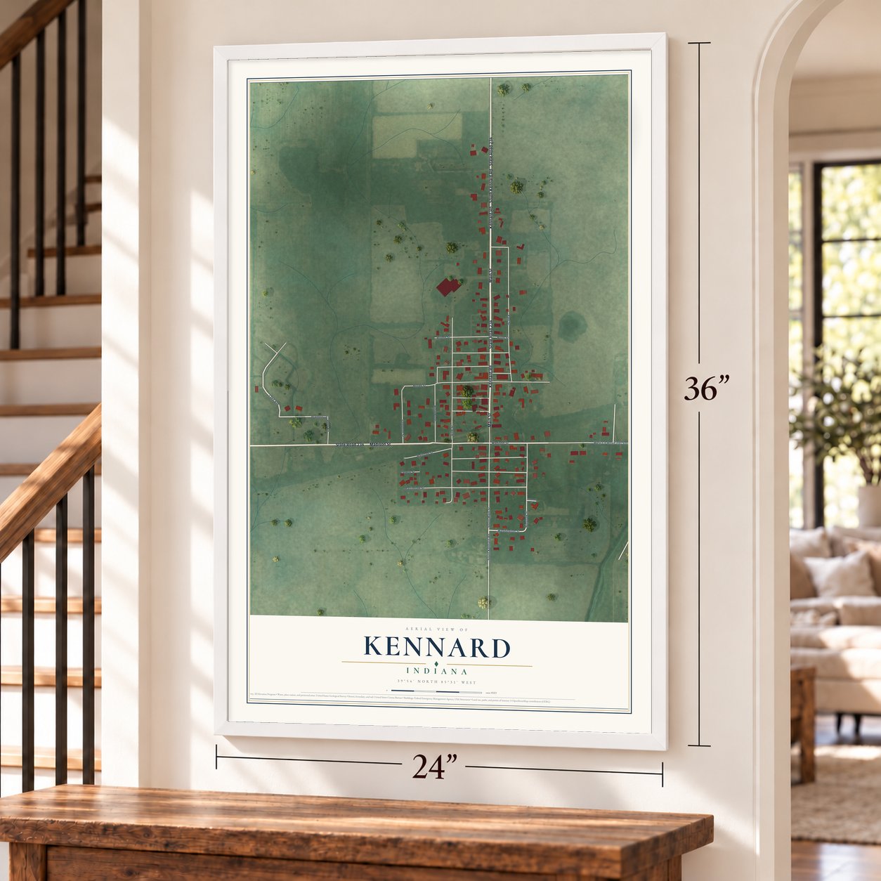 Kennard, Indiana map, 24 x 36 inch print in a white frame by a staircase