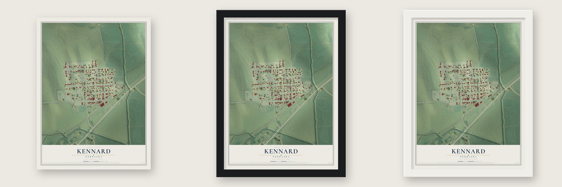 Kennard, Nebraska map unframed, in a black wood frame and in a white wood frame