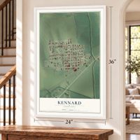 Kennard, Nebraska map, 24 x 36 inch print in a white frame by a staircase