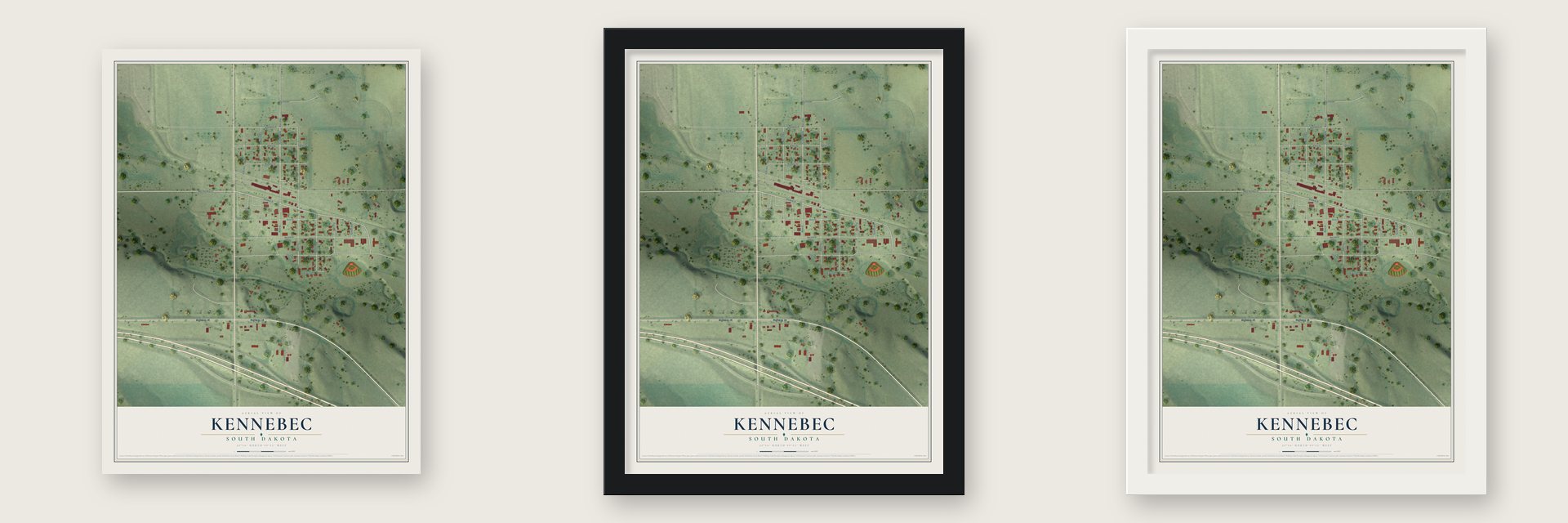 Kennebec, South Dakota map unframed, in a black wood frame and in a white wood frame