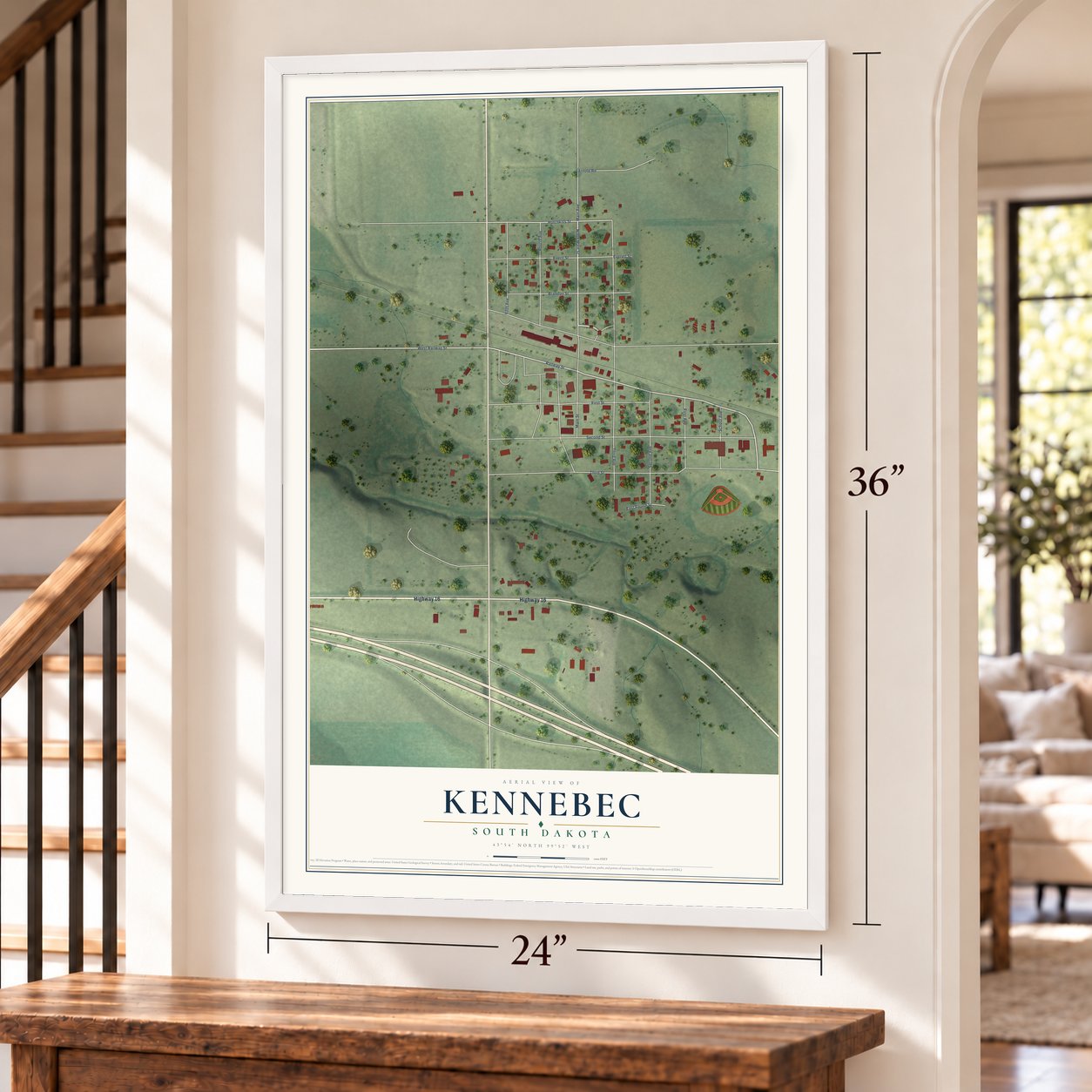 Kennebec, South Dakota map, 24 x 36 inch print in a white frame by a staircase