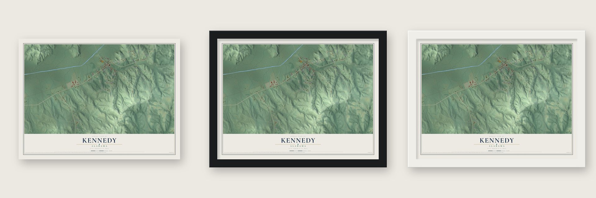 Kennedy, Alabama map unframed, in a black wood frame and in a white wood frame