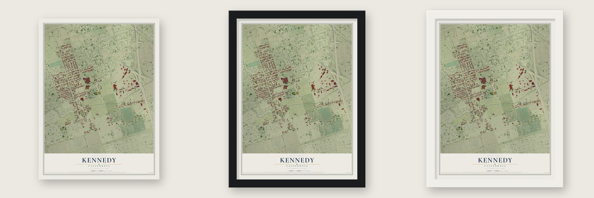 Kennedy, California map unframed, in a black wood frame and in a white wood frame