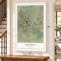Kennedy, California map, 24 x 36 inch print in a white frame by a staircase