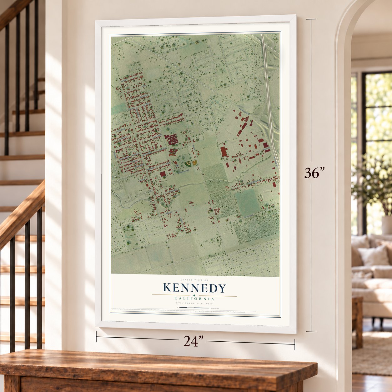 Kennedy, California map, 24 x 36 inch print in a white frame by a staircase