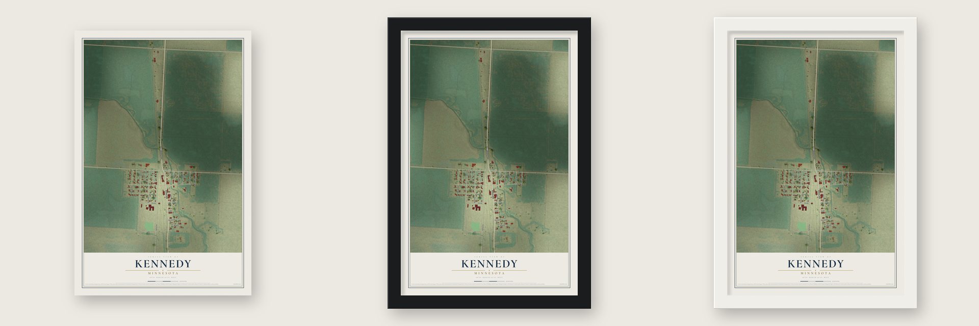 Kennedy, Minnesota map unframed, in a black wood frame and in a white wood frame