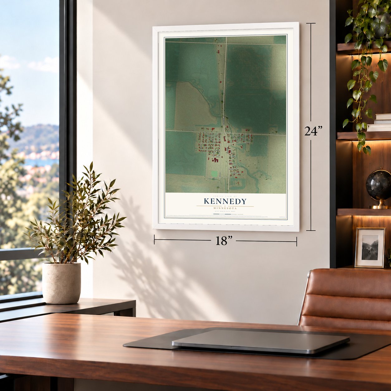 Kennedy, Minnesota map, 18 x 24 inch print in a white frame in a home office
