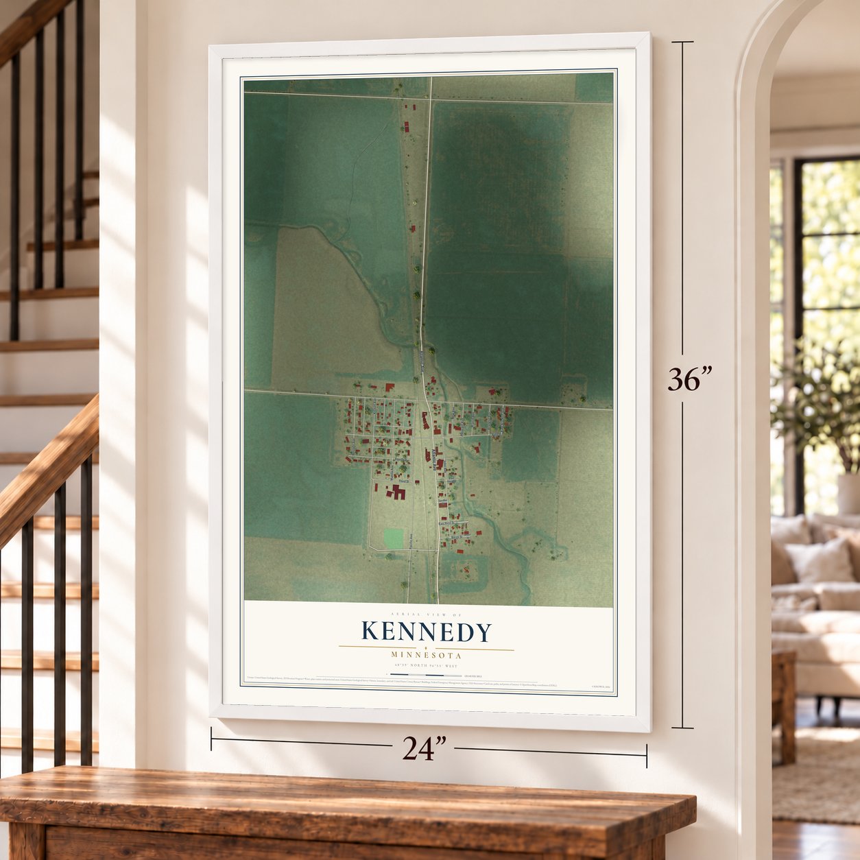 Kennedy, Minnesota map, 24 x 36 inch print in a white frame by a staircase