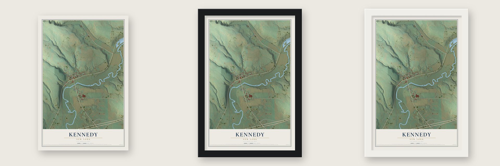 Kennedy, New York map unframed, in a black wood frame and in a white wood frame