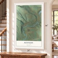 Kennedy, New York map, 24 x 36 inch print in a white frame by a staircase