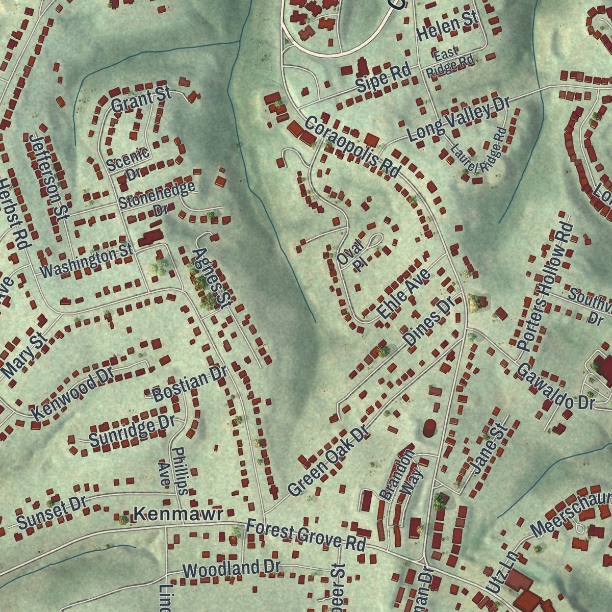 Second close-up of the map of Kennedy, Pennsylvania print showing more streets and buildings