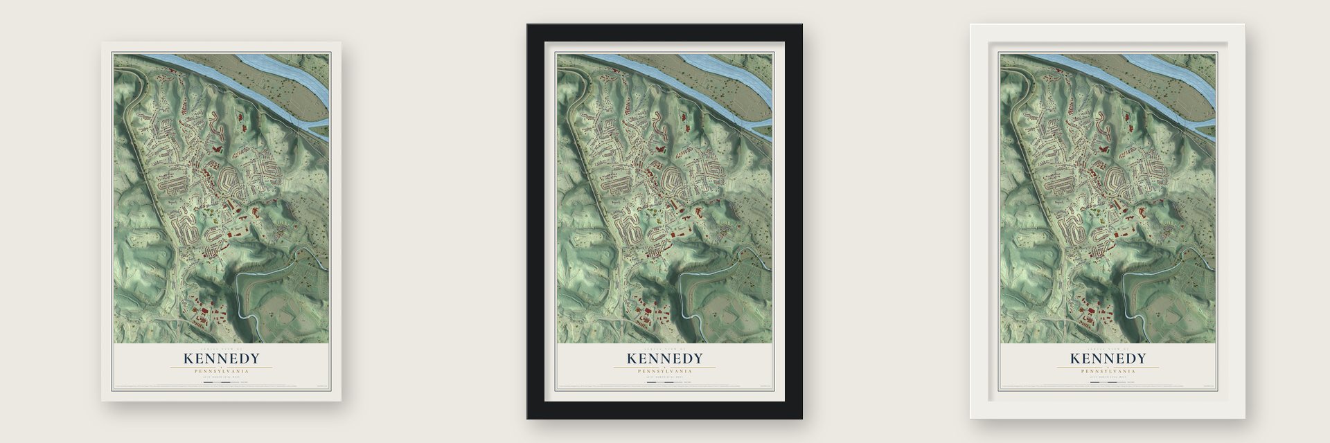 Kennedy, Pennsylvania map unframed, in a black wood frame and in a white wood frame