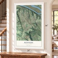 Kennedy, Pennsylvania map, 24 x 36 inch print in a white frame by a staircase