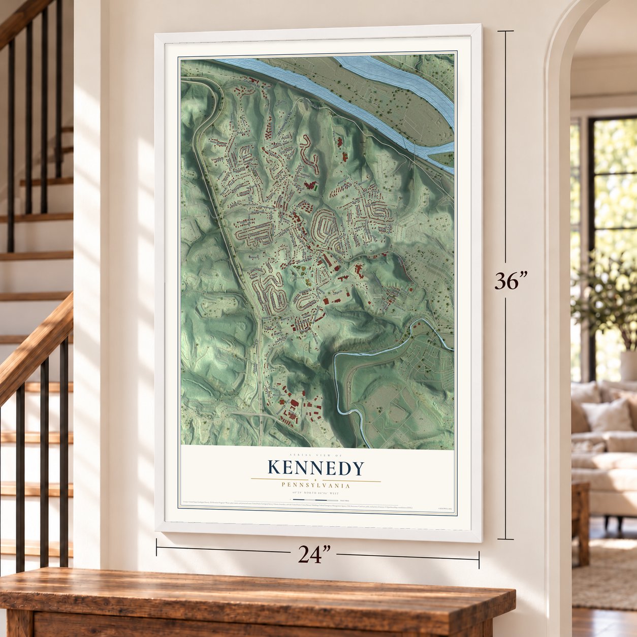 Kennedy, Pennsylvania map, 24 x 36 inch print in a white frame by a staircase
