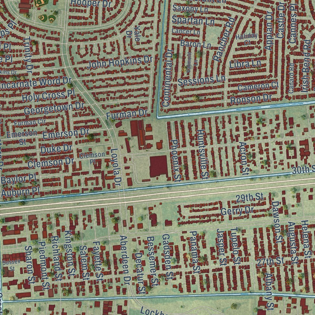 Second close-up of the map of Kenner, Louisiana print showing more streets and buildings
