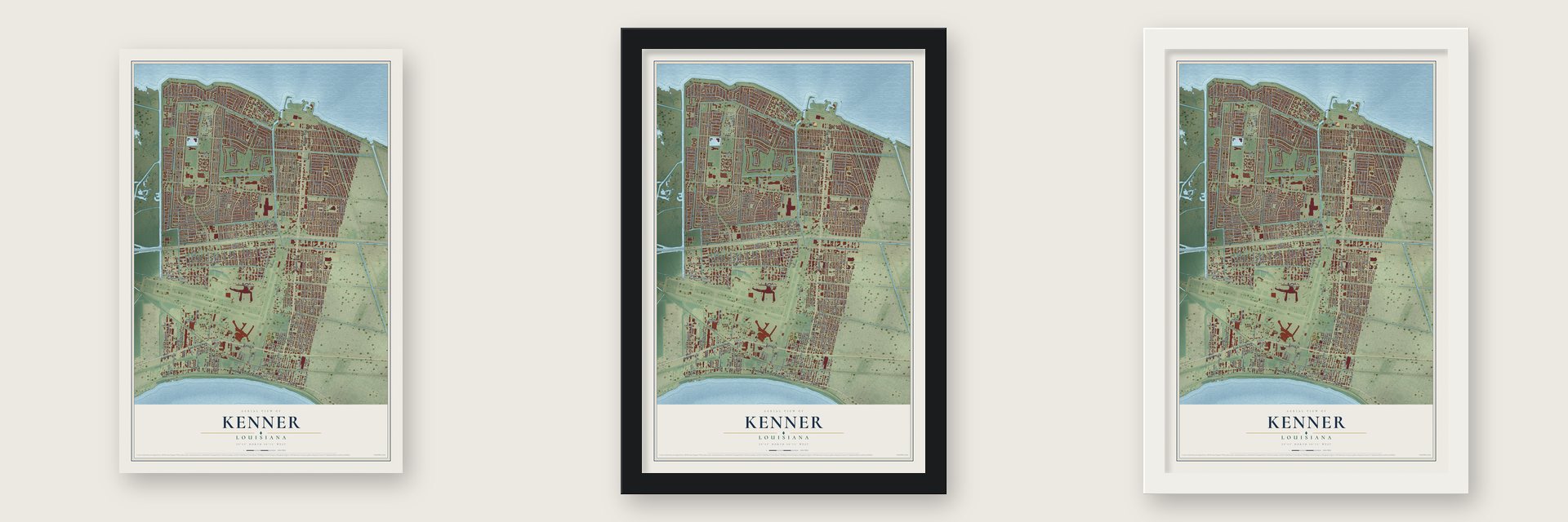 Kenner, Louisiana map unframed, in a black wood frame and in a white wood frame