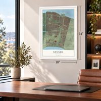 Kenner, Louisiana map, 18 x 24 inch print in a white frame in a home office