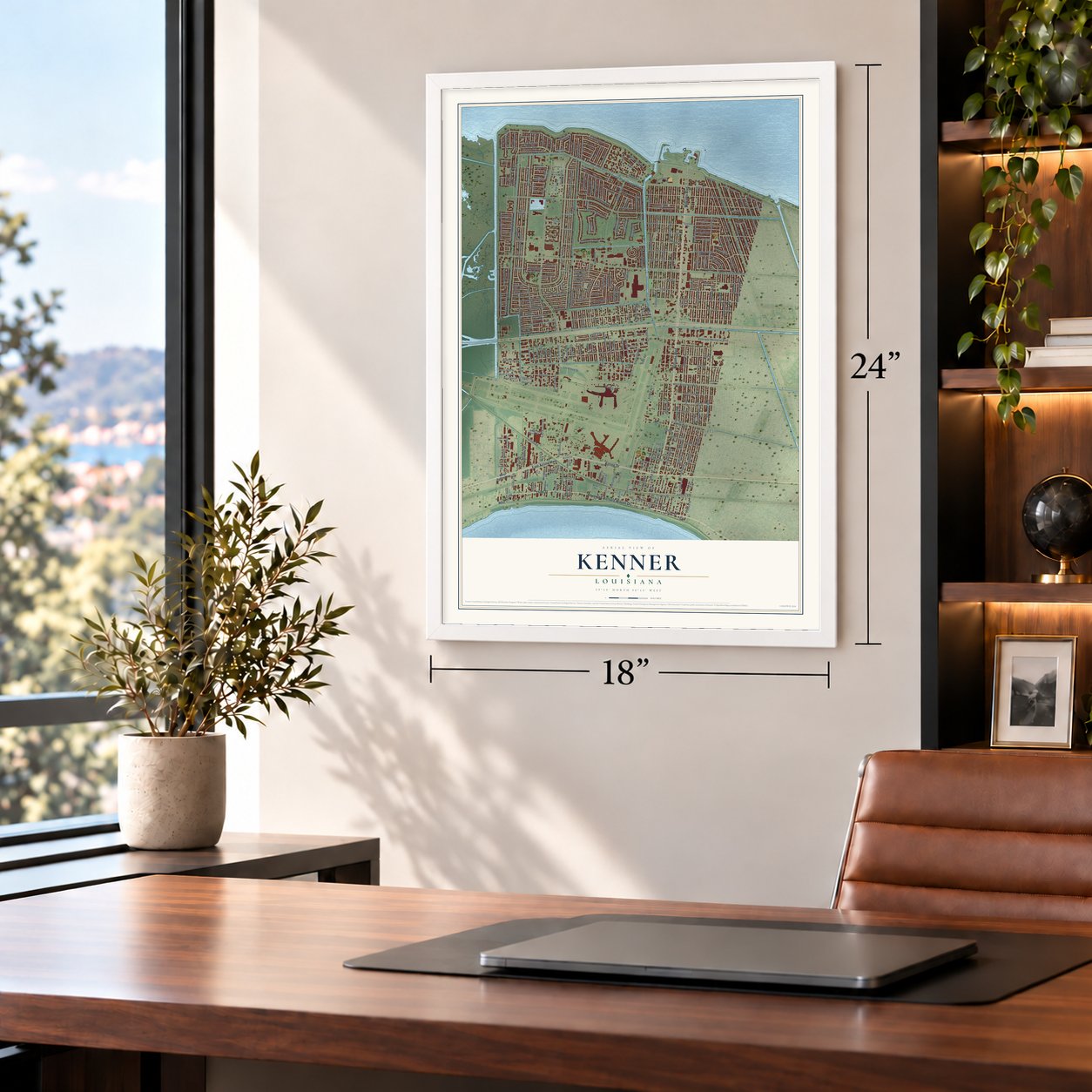 Kenner, Louisiana map, 18 x 24 inch print in a white frame in a home office