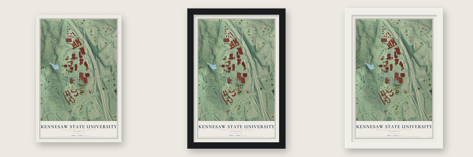 Kennesaw State University, Georgia map unframed, in a black wood frame and in a white wood frame