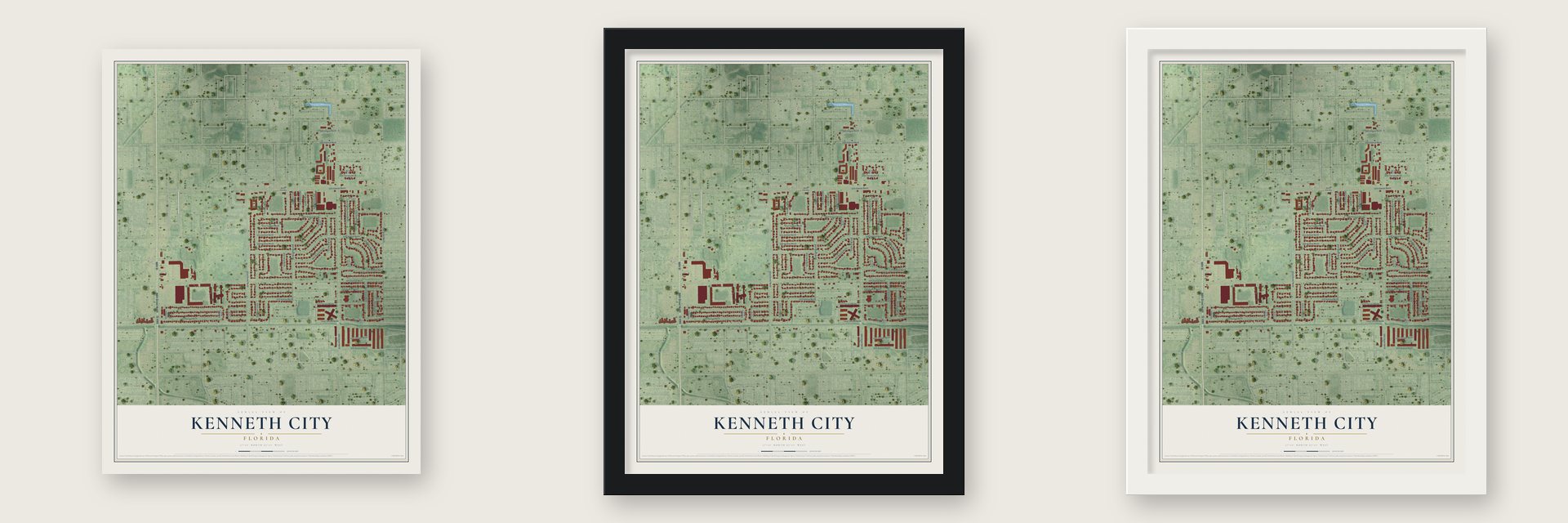 Kenneth City, Florida map unframed, in a black wood frame and in a white wood frame