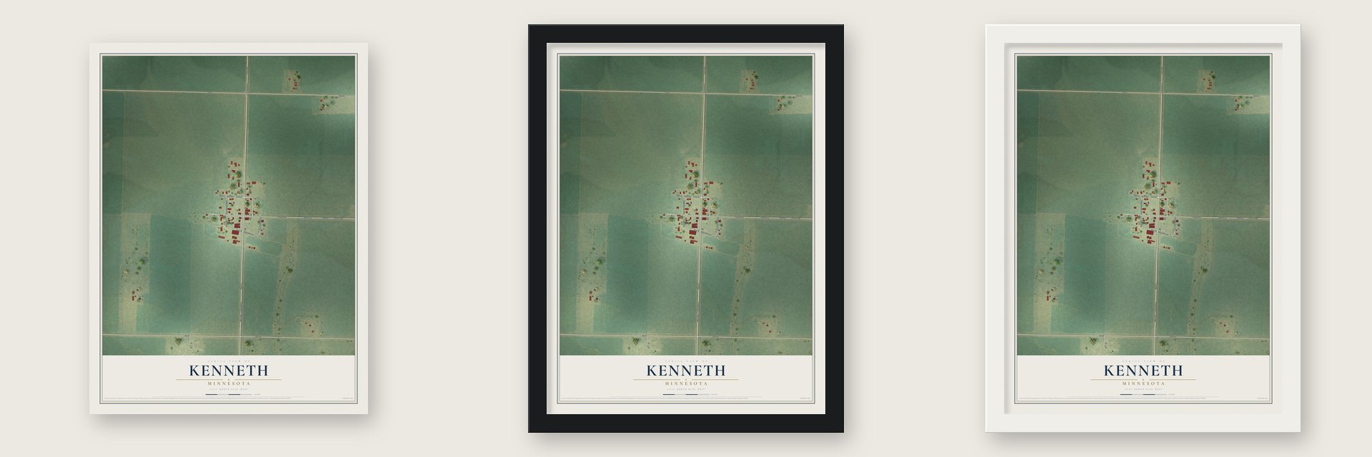 Kenneth, Minnesota map unframed, in a black wood frame and in a white wood frame