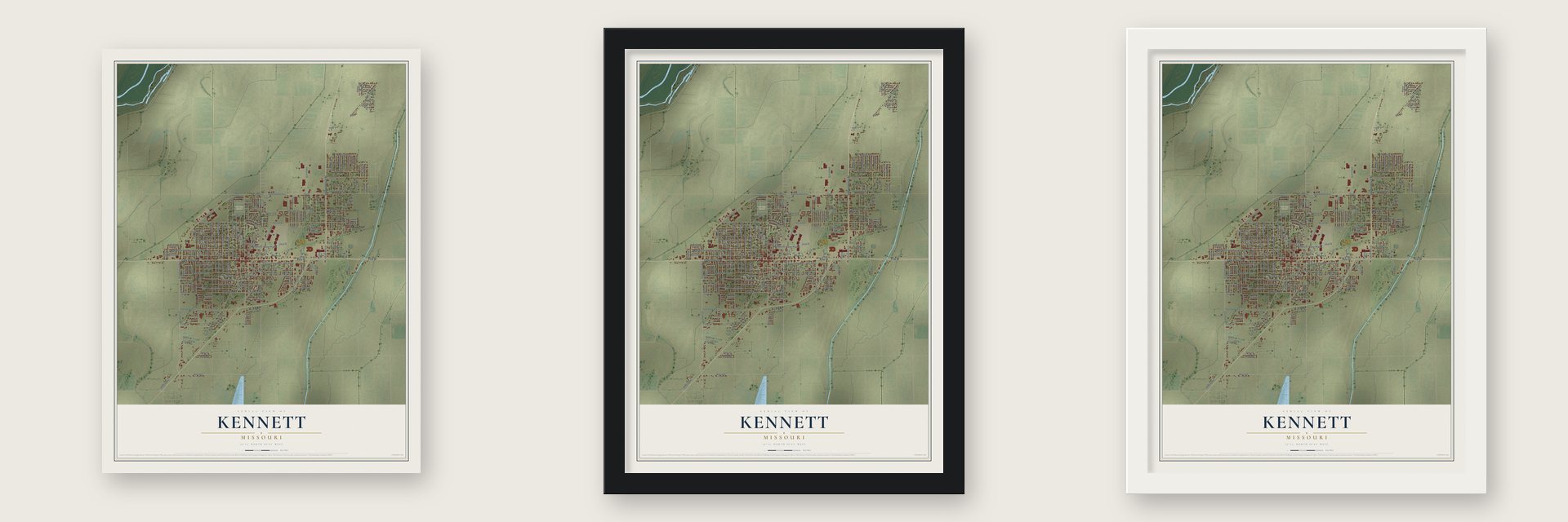 Kennett, Missouri map unframed, in a black wood frame and in a white wood frame