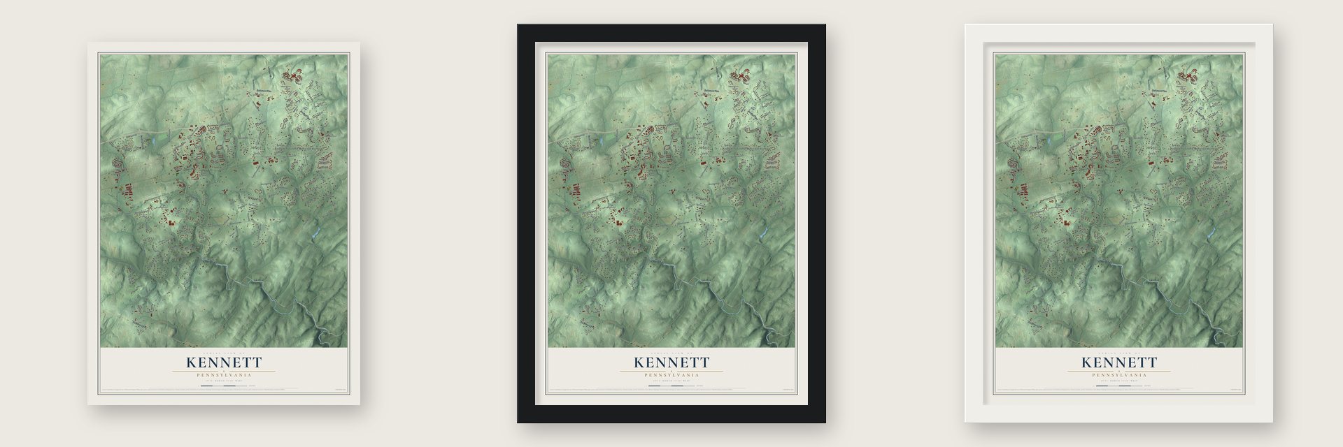 Kennett, Pennsylvania map unframed, in a black wood frame and in a white wood frame