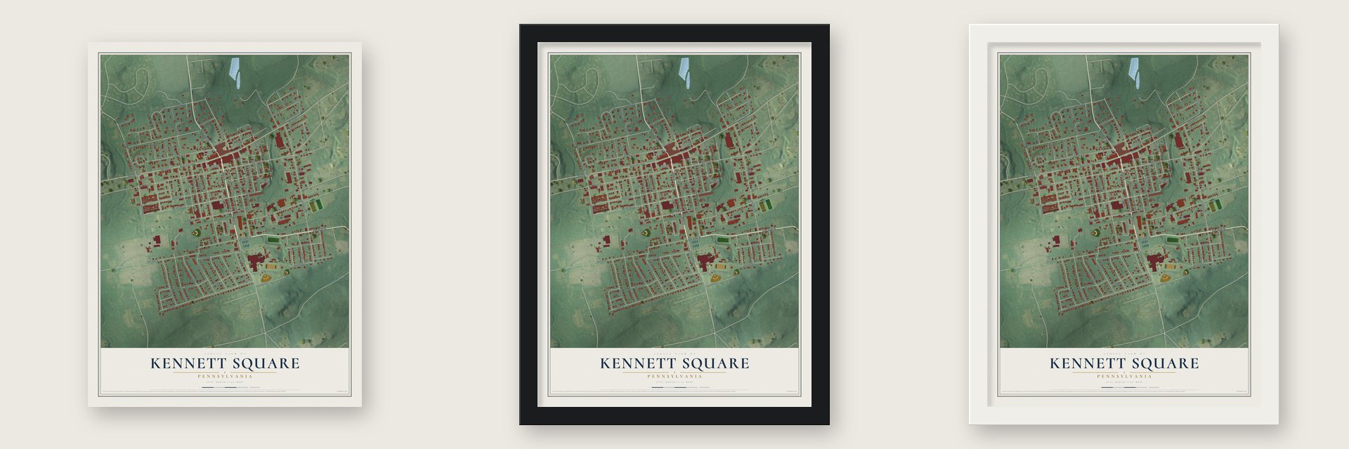 Kennett Square, Pennsylvania map unframed, in a black wood frame and in a white wood frame