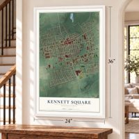 Kennett Square, Pennsylvania map, 24 x 36 inch print in a white frame by a staircase